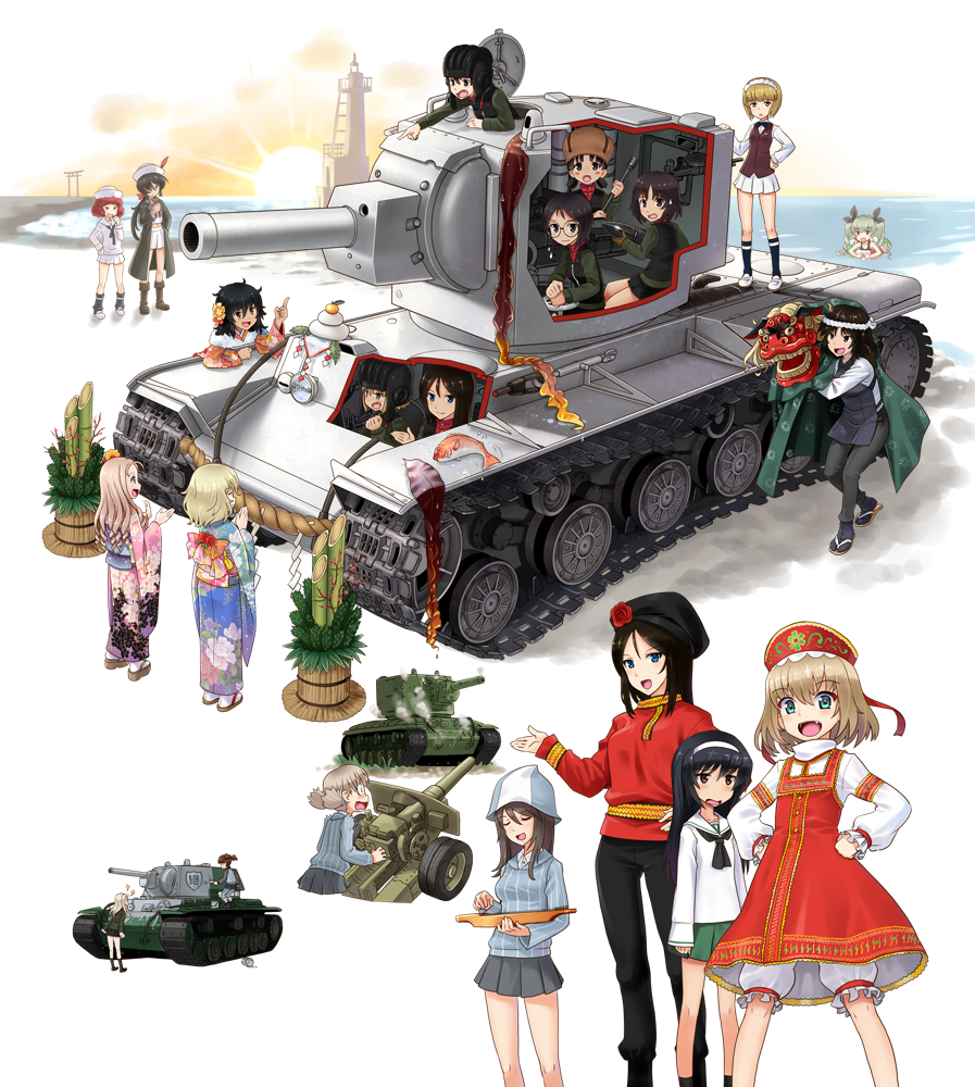 6+girls aki_(girls_und_panzer) alina_(girls_und_panzer) anchovy_(girls_und_panzer) andou_(girls_und_panzer) bangs bartender beach black_coat black_footwear black_hair black_headwear black_legwear black_neckwear black_pants black_ribbon black_skirt black_vest blonde_hair bloomers blouse blue_eyes blue_headwear blue_kimono blue_shirt blunt_bangs boots bow bowtie brown_eyes brown_hair brown_headwear brown_vest clara_(girls_und_panzer) closed_eyes coat cutlass_(girls_und_panzer) dark_skin dixie_cup_hat dress dress_shirt drill_hair emblem eyebrows_visible_through_hair fang flower fur_hat fur_scarf gesture girls_und_panzer glasses green_hair green_jacket green_skirt grey_skirt ground_vehicle hachimaki hair_ribbon hairband hand_on_hip hands_on_hips hat hat_feather hat_flower headband howitzer jacket japanese_clothes katahira_masashi katyusha_(girls_und_panzer) keizoku_(emblem) keizoku_school_uniform kimono kv-1 kv-2 lighthouse loafers long_hair long_sleeves maid_headdress marie_(girls_und_panzer) medium_dress mika_(girls_und_panzer) mikko_(girls_und_panzer) military military_hat military_uniform military_vehicle miniskirt motor_vehicle multiple_girls murakami_(girls_und_panzer) navy_blue_neckwear neckerchief nina_(girls_und_panzer) nonna_(girls_und_panzer) ocean ogin_(girls_und_panzer) ooarai_naval_school_uniform ooarai_school_uniform open_mouth oshida_(girls_und_panzer) pants pleated_skirt pravda_military_uniform red_dress red_flower red_hair red_headwear red_rose red_shirt reizei_mako ribbon rose round_eyewear rum_(girls_und_panzer) russian_clothes sailor sailor_collar school_uniform serafuku shirt shoes short_hair short_twintails single_horizontal_stripe sitting skirt smile socks standing striped striped_shirt sunrise swimming tank tank_helmet torii tulip_hat turtleneck twin_drills twintails underwear uniform ushanka vertical-striped_shirt vertical_stripes vest white_bloomers white_blouse white_footwear white_hairband white_headband white_headwear white_kimono white_shirt white_skirt x-ray