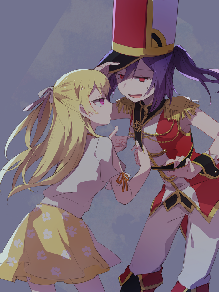 2girls adjusting_headwear bang_dream! bangs blonde_hair boots clothes_grab floral_print hair_between_eyes hair_ribbon half_updo hat long_hair multiple_girls oto_(rozeko) pants ponytail print_sash print_skirt purple_eyes red_ribbon ribbon sash seta_kaoru shako_cap shirasagi_chisato shirt shoulder_cutout sidelocks skirt sleeve_ribbon sleeveless sweatdrop white_pants white_ribbon white_shirt wrist_cuffs yellow_skirt