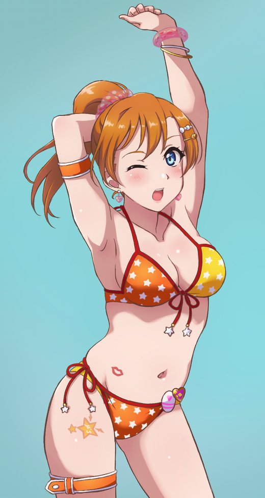1girl ;d alternate_hairstyle aqua_background arm_behind_head armband armpits arms_up bangle bangs bikini blue_eyes bracelet breasts cleavage clenched_hand collarbone commentary_request cowboy_shot earrings front-tie_bikini front-tie_top hair_ornament hairpin halterneck heart jewelry kousaka_honoka lipstick_mark looking_at_viewer love_live! love_live!_school_idol_festival love_live!_school_idol_project medium_breasts navel one_eye_closed open_mouth orange_bikini ponytail print_bikini scrunchie simple_background smile solo star star_print stomach_tattoo swimsuit tattoo thigh_strap thigh_tattoo turkey_min