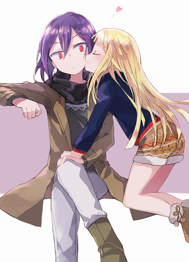 2girls bang_dream! bangs black_scarf blonde_hair blue_shirt boots brown_coat brown_footwear brown_shorts cheek_kiss closed_eyes coat fur-trimmed_footwear hair_between_eyes hand_on_another's_knee heart invisible_chair kiss kneeling long_hair long_sleeves multiple_girls oto_(rozeko) pants purple_hair scarf seta_kaoru shirt shorts sitting smile tsurumaki_kokoro white_pants yuri