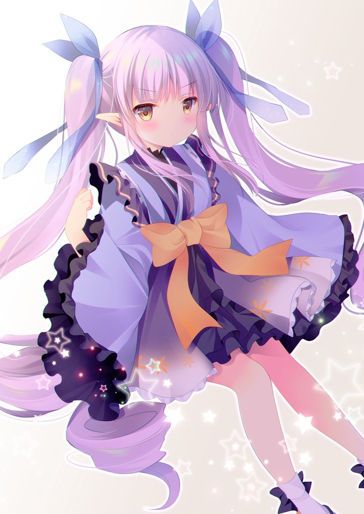 1girl bangs blue_ribbon blush bow brown_bow brown_eyes commentary_request eyebrows_visible_through_hair frilled_sleeves frills gradient gradient_background grey_background hair_ribbon hand_up hikawa_kyouka japanese_clothes kimono long_hair long_sleeves looking_at_viewer pointy_ears princess_connect! princess_connect!_re:dive purple_hair purple_kimono ribbon ringlets see-through shirogane_hina sidelocks sleeves_past_fingers sleeves_past_wrists socks solo star starry_background twintails v-shaped_eyebrows very_long_hair white_background white_legwear wide_sleeves