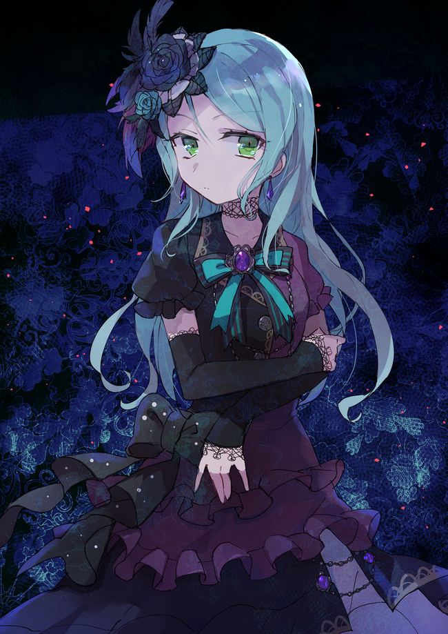 1girl :| \||/ aqua_hair aqua_neckwear arm_warmers bang_dream! black_dress black_neckwear black_ribbon blue_feathers blue_flower blue_rose brooch choker closed_mouth crossed_arms dress earrings feathers flower frilled_sleeves frills green_eyes hair_feathers hair_flower hair_ornament hikawa_sayo jewelry lace lace_background lace_choker lace_trim long_hair neck_ribbon oto_(rozeko) ribbon rose short_sleeves solo striped striped_neckwear