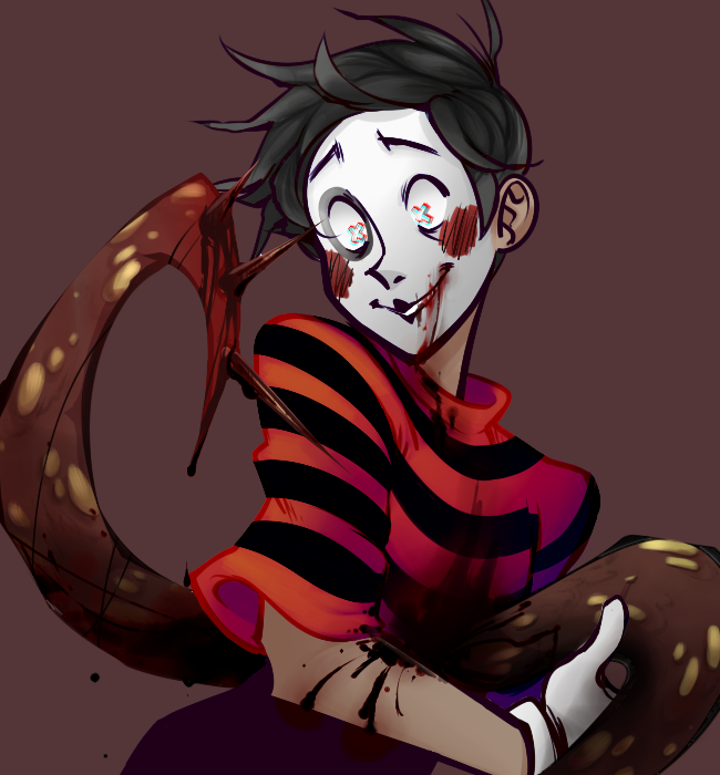 blood bloody_mouth bodily_fluids bodypaint clothed clothing deadanchors digital_media_(artwork) don't_starve face_paint gloves gore hair handwear human impalement klei_entertainment male mammal mime not_furry simple_background solo spikes tentacles video_games wes_(don't_starve) x_pupils