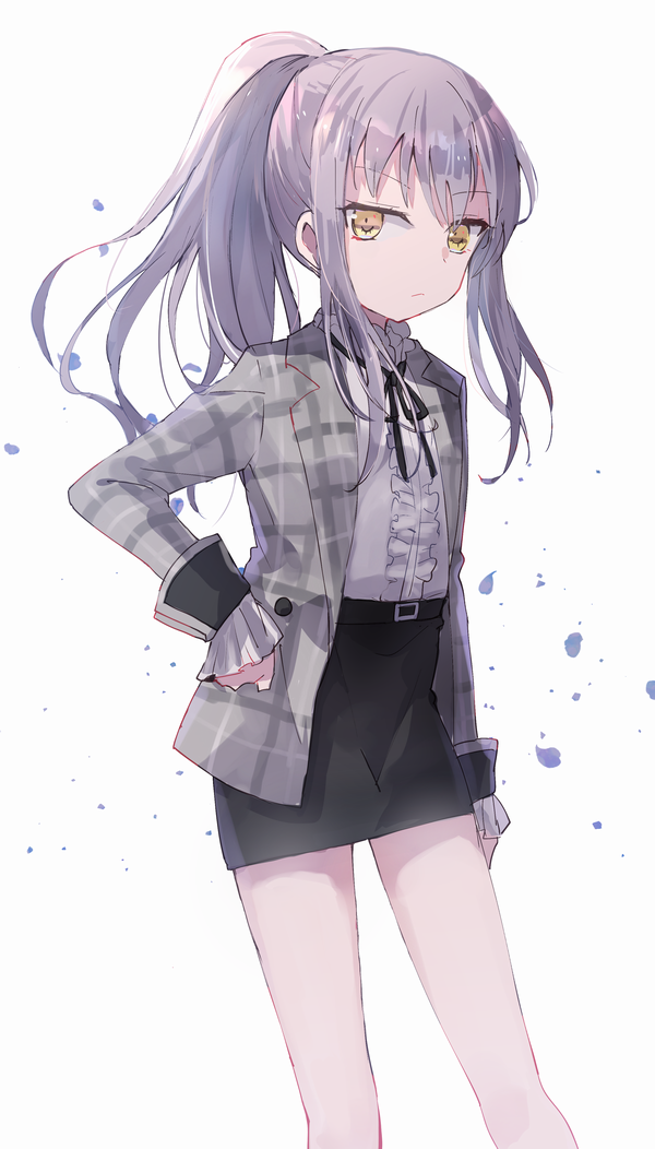 1girl bang_dream! bangs belt black_neckwear black_skirt center_frills frilled_sleeves frills frown grey_hair grey_jacket hand_on_hip jacket long_hair long_sleeves looking_at_viewer minato_yukina miniskirt neck_ribbon oto_(rozeko) pencil_skirt petals plaid_jacket ponytail ribbon shirt sidelocks skirt solo v-shaped_eyebrows white_background white_shirt yellow_eyes