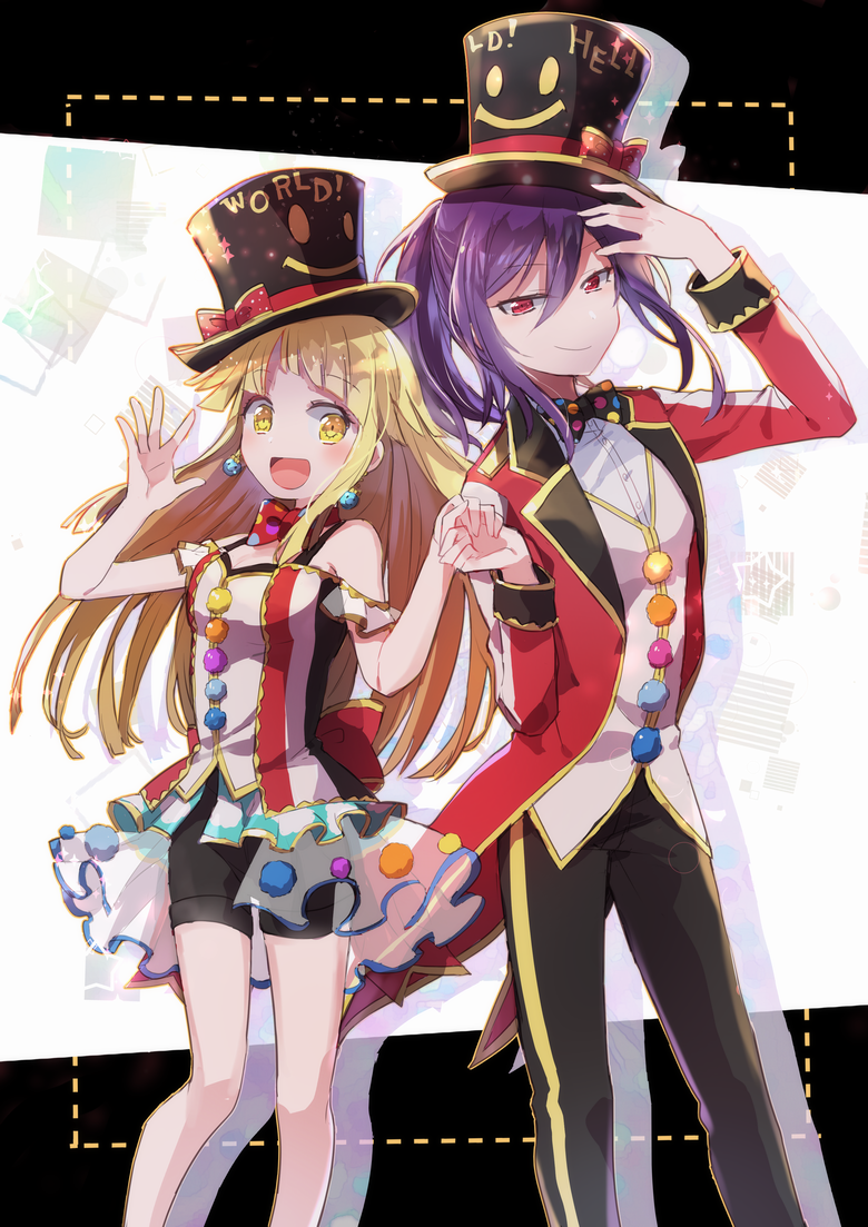 2girls :d bang_dream! bangs black_headwear black_neckwear black_pants black_shorts blonde_hair bow bowtie clothes_writing drop_shadow earrings frills group_name hair_between_eyes hand_on_own_head hand_up hat hat_bow holding_hands jacket jewelry long_hair long_sleeves looking_at_viewer multiple_girls open_mouth oto_(rozeko) overskirt pants polka_dot_neckwear pom_pom_(clothes) ponytail purple_hair red_bow red_eyes red_jacket red_neckwear seta_kaoru shirt short_shorts shorts shoulder_cutout sidelocks smile smiley_face striped striped_shirt top_hat tsurumaki_kokoro white_shirt yellow_eyes