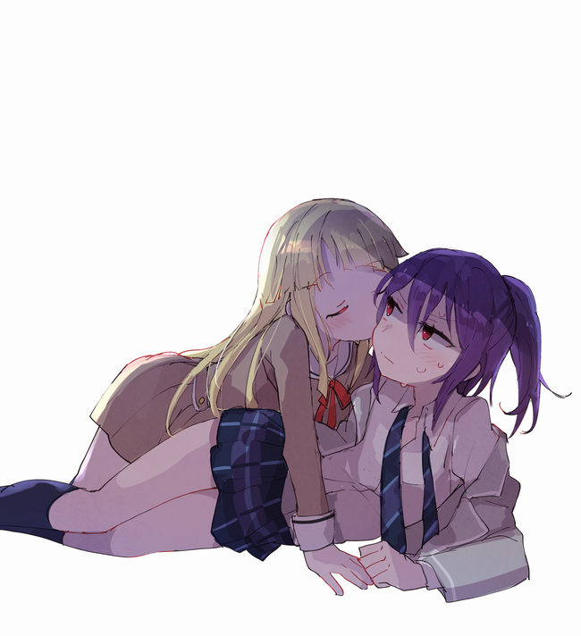 2girls bang_dream! bangs blonde_hair blue_neckwear blue_skirt blush brown_dress cheek_kiss closed_eyes collared_shirt dress girl_on_top grey_jacket hair_between_eyes hanasakigawa_school_uniform haneoka_school_uniform jacket kiss long_hair long_sleeves lying miniskirt multiple_girls neck_ribbon on_side oto_(rozeko) plaid plaid_skirt pleated_skirt ponytail red_eyes red_neckwear ribbon sailor_dress school_uniform seta_kaoru shirt sidelocks skirt sweatdrop tsurumaki_kokoro u_u undone_necktie v-shaped_eyebrows white_background white_shirt yuri