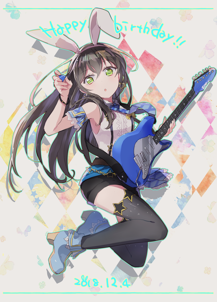 1girl :o animal_ears aqua_outline argyle argyle_background bang_dream! bangs black_hair black_legwear blue_footwear blue_neckwear bow bunny_ears chain collared_shirt dated detached_sleeves earrings electric_guitar fake_animal_ears full_body green_eyes guitar hanazono_tae hat high_heels holding_plectrum instrument jewelry lace-trimmed_sleeves long_hair necktie oto_(rozeko) plectrum shirt solo sparkle star star_earrings suspenders thighhighs white_shirt yellow_bow