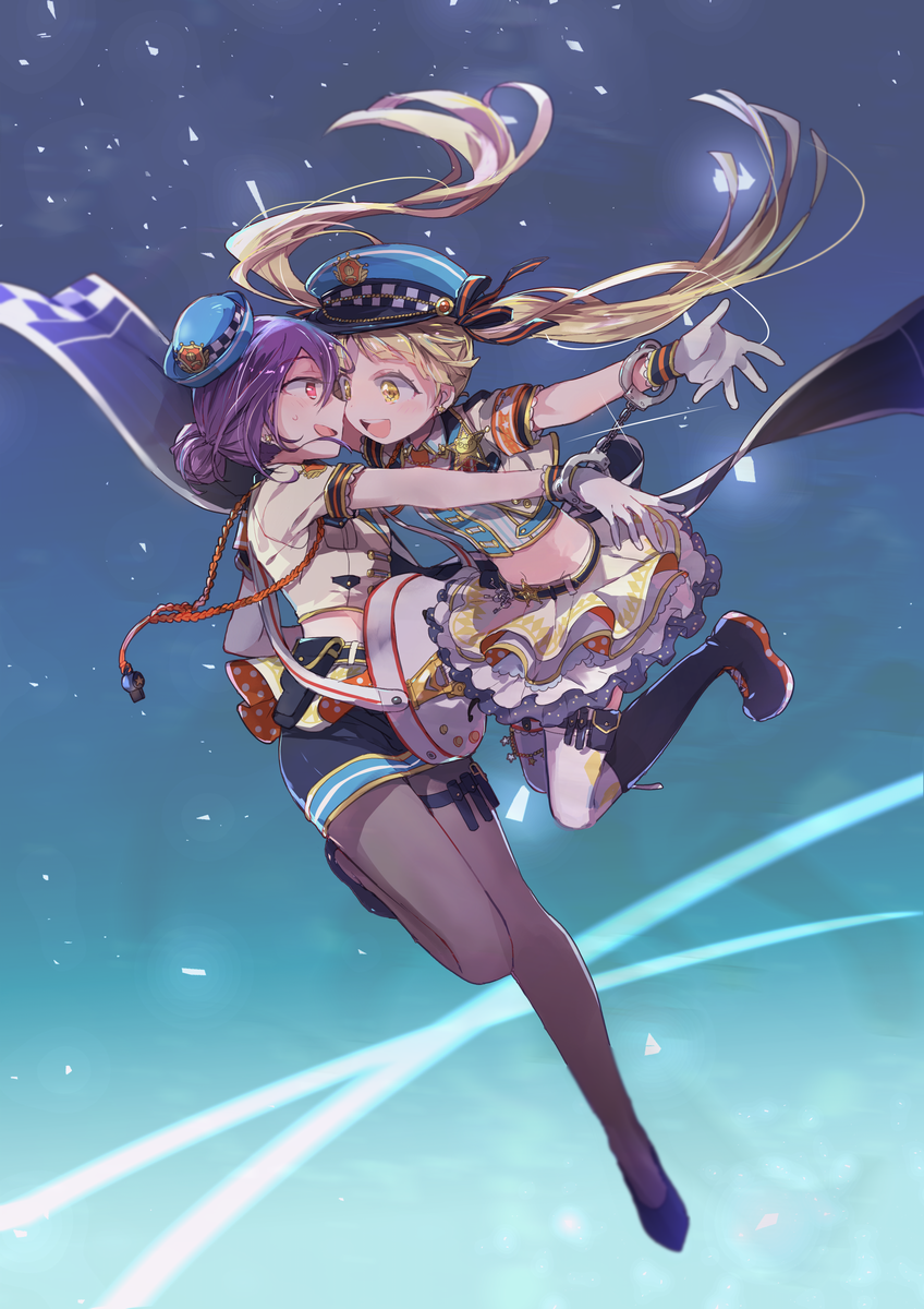 2girls :d alternate_hairstyle armband badge bang_dream! black_hair black_legwear blonde_hair blue_headwear boots confetti cuffed cuffs facial_mark female_service_cap frilled_skirt frills gloves guitar hair_bun hair_ribbon handcuffs hat highres holster instrument jumping knee_boots long_hair midriff miniskirt multiple_girls open_mouth oto_(rozeko) pencil_skirt police_hat purple_hair red_eyes ribbon seta_kaoru shirt short_sleeves skirt smile star striped striped_ribbon sweatdrop thigh_pouch thigh_strap tsurumaki_kokoro twintails whistle white_gloves yellow_eyes