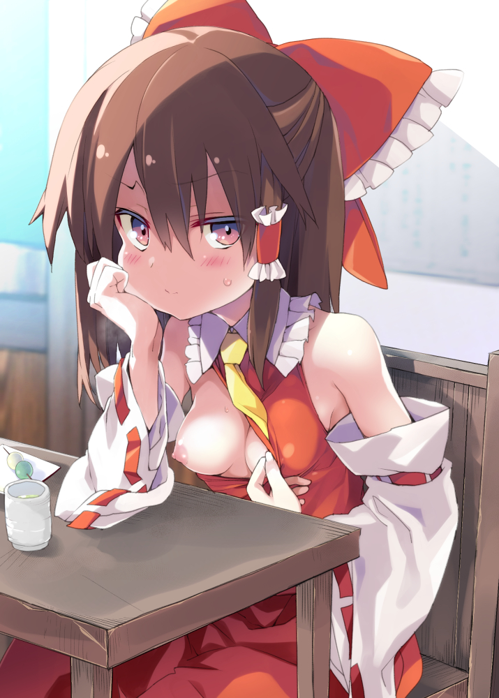1girl bangs bare_shoulders blush bow breasts brown_hair closed_mouth cup dango detached_sleeves dress eyebrows_visible_through_hair flashing food frilled_bow frilled_shirt_collar frills hair_bow hair_tubes hakurei_reimu hand_on_own_cheek large_bow long_hair long_sleeves looking_at_viewer necktie nipples on_chair one_breast_out oppai_challenge purple_eyes red_dress ribbon-trimmed_sleeves ribbon_trim sidelocks sitting small_breasts smile solo sweat tororo touhou v-shaped_eyebrows wagashi wide_sleeves wooden_table yellow_neckwear yunomi