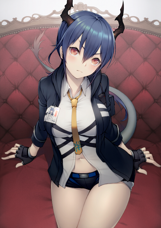 1girl arknights banned_artist belt black_gloves black_shorts blue_hair blush breasts ch'en_(arknights) closed_mouth collared_shirt commentary_request couch fingerless_gloves gloves grey_shirt head_tilt horns id_card kyoeiki large_breasts long_sleeves looking_at_viewer navel necktie on_couch red_eyes shirt short_hair short_shorts shorts sitting solo tail thighs v-shaped_eyebrows wing_collar yellow_neckwear