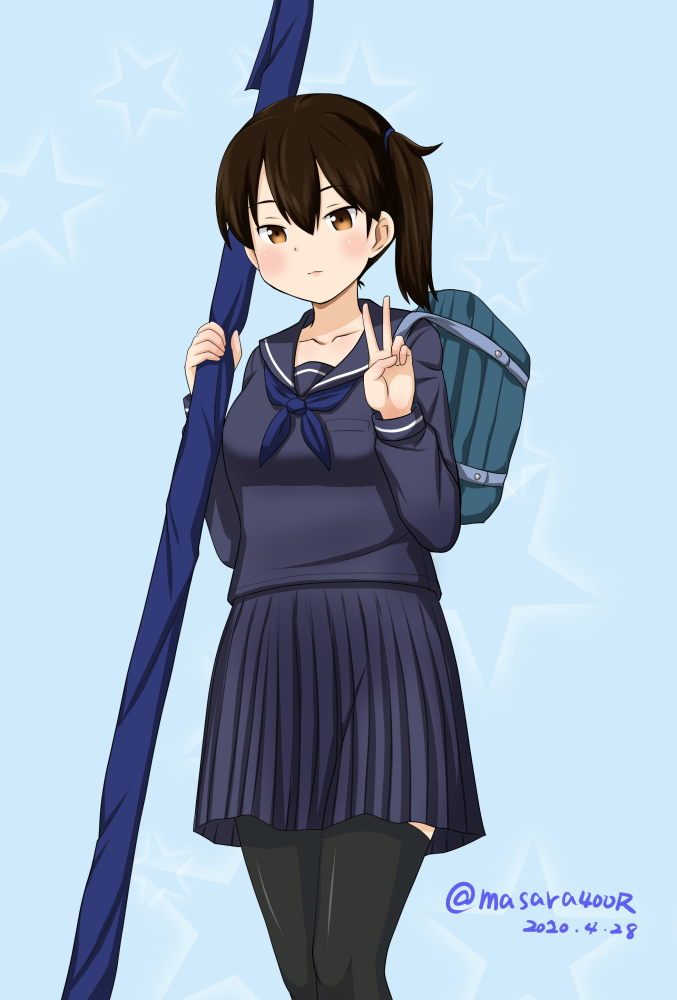 1girl alternate_costume bag black_legwear blue_background blue_neckwear blue_sailor_collar blue_serafuku blue_skirt brown_eyes brown_hair commentary_request cowboy_shot dated kaga_(kantai_collection) kantai_collection long_hair long_skirt masara_(masalucky2010) neckerchief pleated_skirt sailor_collar school_bag school_uniform serafuku side_ponytail skirt solo star starry_background thighhighs twitter_username