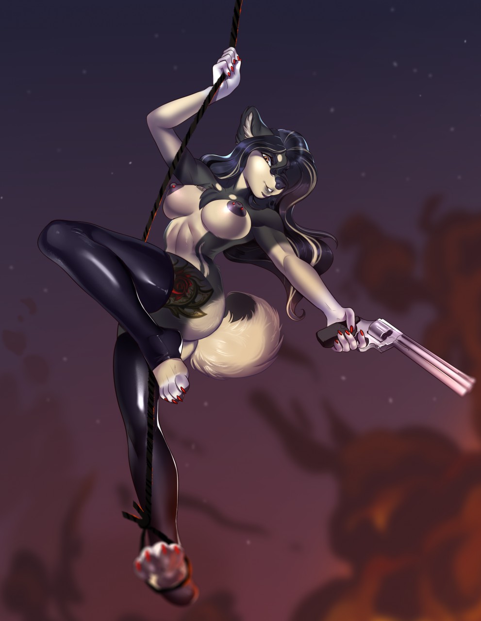 action_pose anthro anutka big_breasts black_hair breasts butt canid canine canis clothing colored_nails digital_media_(artwork) domestic_dog female fur gun hair handgun hi_res holding_object holding_weapon jenni_(jennibutt) latex_clothing leather legwear long_hair looking_at_viewer mammal nails nipple_outline nipple_piercing nipples nude pawpads piercing pinup pomeranian pose ranged_weapon revolver simple_background smile solo spitz tattoo thick_thighs thigh_highs weapon