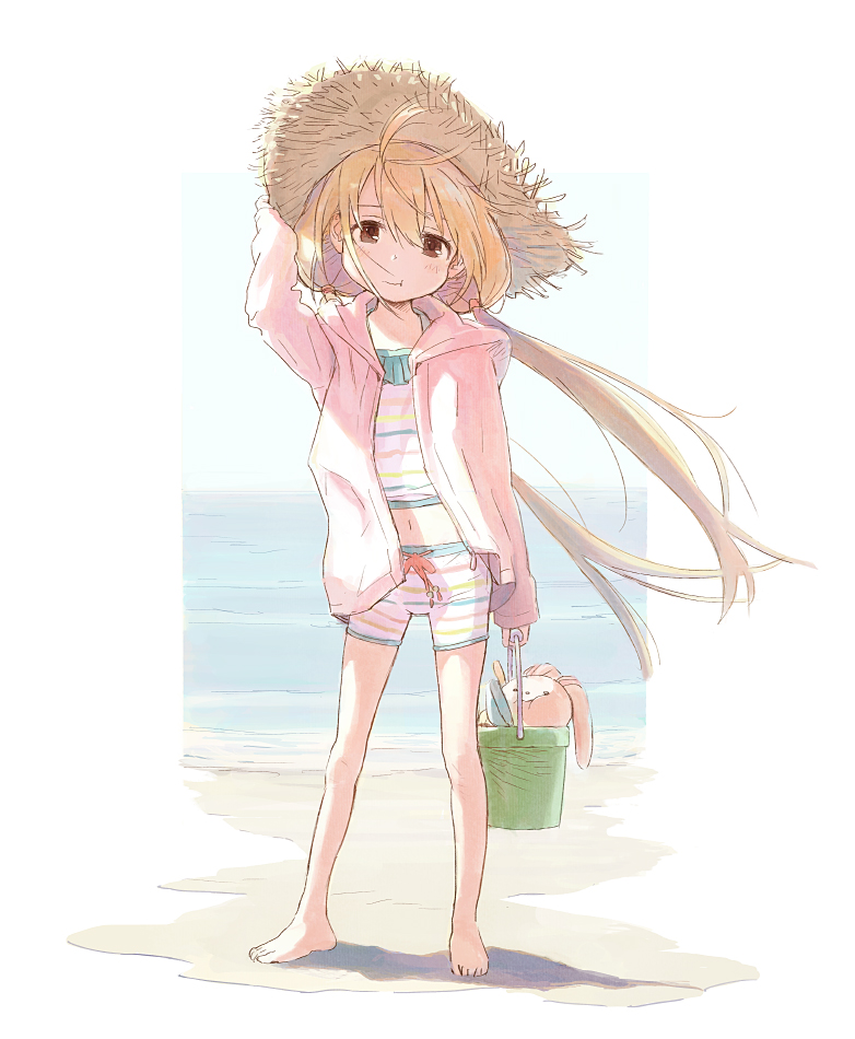 1girl :t adjusting_clothes adjusting_hat arm_at_side arm_up backlighting bangs barefoot beach bike_shorts blonde_hair blue_sky border brown_eyes bucket contrapposto day floating_hair frills full_body futaba_anzu hair_between_eyes hair_tie hand_on_headwear hat head_tilt holding holding_bucket hood hood_down hooded_jacket horizon idolmaster idolmaster_cinderella_girls jacket legs_apart long_hair long_sleeves looking_at_viewer low_twintails matsuo_yuusuke midriff navel ocean open_clothes open_jacket outdoors outside_border pink_jacket sand shadow shorts shovel skinny sky slim_legs solo standing straw_hat striped striped_bike_shorts striped_shorts stuffed_animal stuffed_bunny stuffed_toy sun_hat swept_bangs twintails very_long_hair wavy_mouth white_border wind