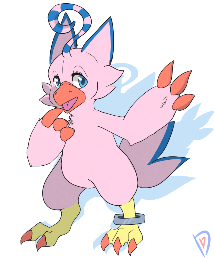 ambiguous_gender avian beak biyomon blue_eyes blue_markings claws digimon digimon_(species) eyelashes feathers gopnikdoge markings open_mouth pink_body pink_feathers ring semi-anthro solo toe_claws