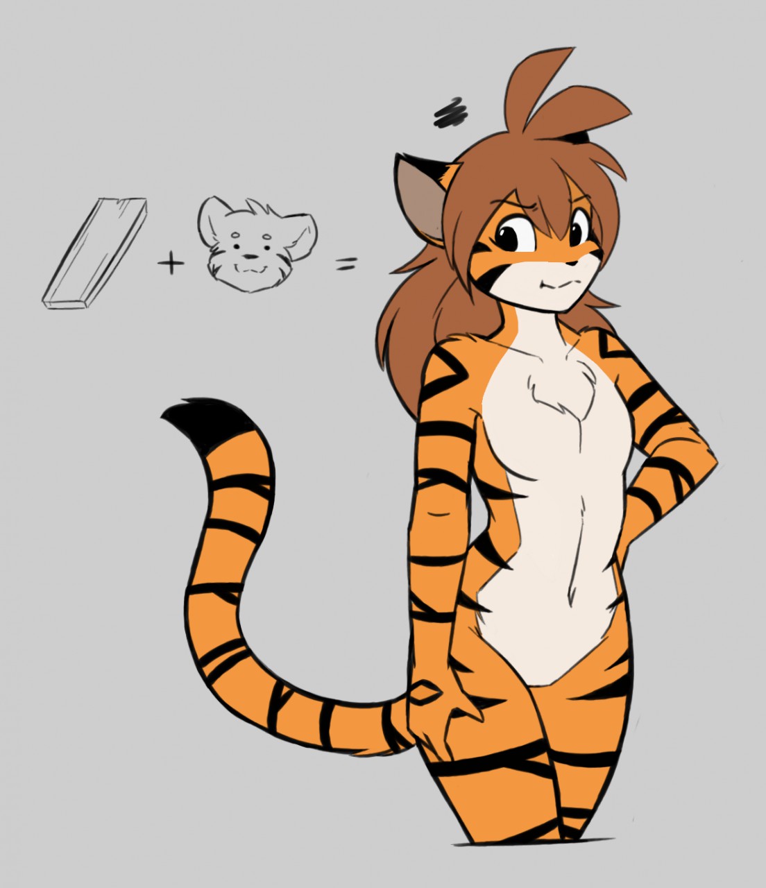 2020 annoyed anthro black_stripes breasts brown_hair chest_tuft dipstick_ears dipstick_tail disgruntled equation featureless_breasts featureless_crotch felid female flat_chested flora_(twokinds) fur grey_background hair hand_on_hip hexteknik hi_res keidran looking_away mammal multicolored_ears multicolored_tail orange_body orange_fur pantherine plank pouting simple_background solo standing striped_body stripes tiger tuft twokinds webcomic wood