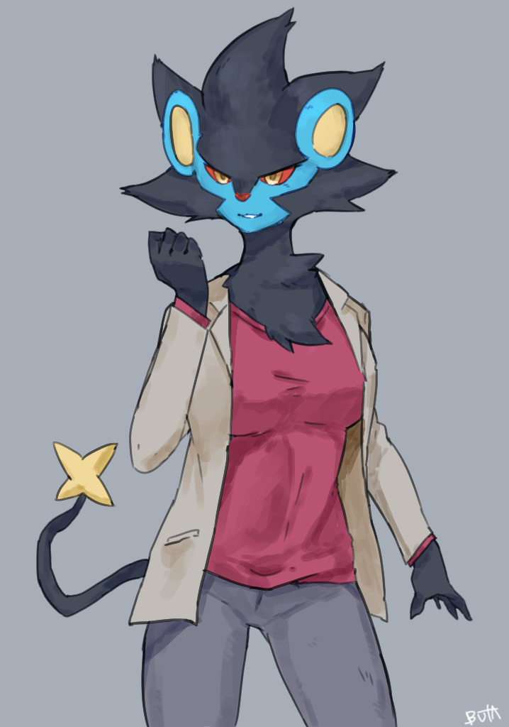 anthro anthrofied black_body black_fur blue_body blue_ears blue_fur bottomwear buta99 clothed clothing female front_view fully_clothed fur fur_tuft grey_background grey_bottomwear grey_clothing looking_at_viewer luxray nintendo pok&eacute;mon pok&eacute;mon_(species) red_nose simple_background solo tuft video_games
