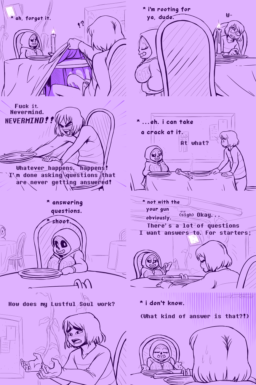 2:3 alternate_universe blush bodily_fluids bone clothing comic comic_(under(her)tail) english_text erection erection_under_clothing female furniture hi_res human humanoid male mammal profanity protagonist_(undertale) sans_(undertale) shrug skeleton sweat sweatdrop table text thewill under(her)tail under_table undertale video_games