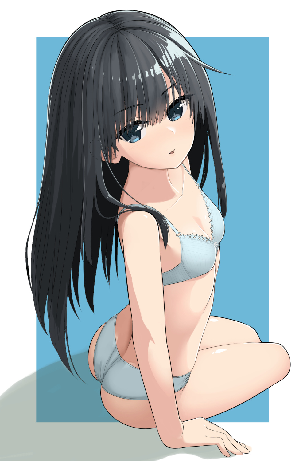 1girl aqua_bra aqua_panties asashio_(kantai_collection) ass black_hair blue_background blue_eyes blush bra breasts cleavage eyebrows_visible_through_hair hair_between_eyes hair_ornament highres kantai_collection kuronaga long_hair looking_at_viewer open_mouth panties shadow sitting small_breasts solo two-tone_background underwear white_background