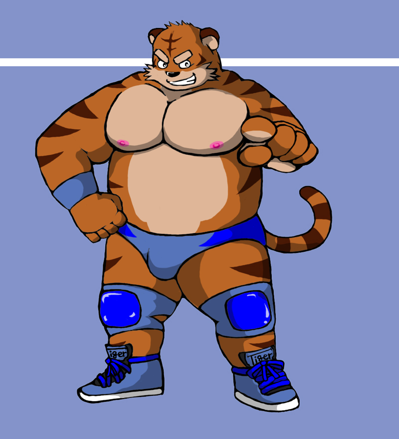 2009 anthro bulge clothing felid humanoid_hands male mammal moobs nipples overweight overweight_male pantherine shiba-kenta simple_background solo tiger underwear wrestler