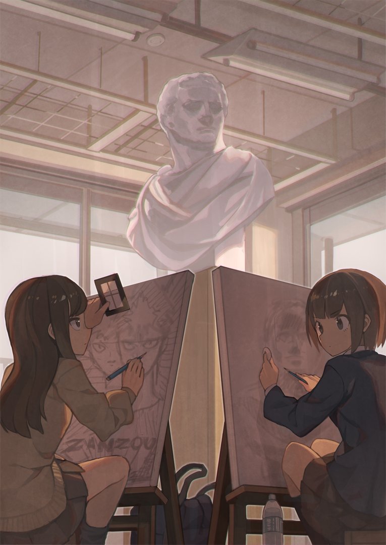 2girls bag black_eyes bottle brown_hair bust_(sculpture) canvas_(object) closed_mouth drawing eraser holding holding_pencil indoors looking_at_another looking_up multiple_girls original pencil school_bag sitting skirt tomioka_jirou water_bottle window