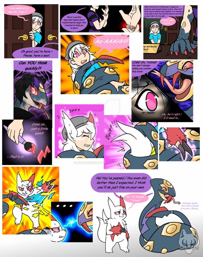 2020 attack black_claws black_hair claws clothing comic english_text fangs female fur glowing glowing_eyes hair hat headgear headwear herpestid human_to_feral hypnosiswolf male mammal markings mongoose nintendo pink_eyes pink_nose pink_sclera pok&eacute;mon pok&eacute;mon_(species) purple_markings red_body red_claws red_fur red_markings red_sclera reptile scalie seviper snake species_transformation text tongue transformation video_games watermark white_body white_fur white_hair yellow_markings zangoose