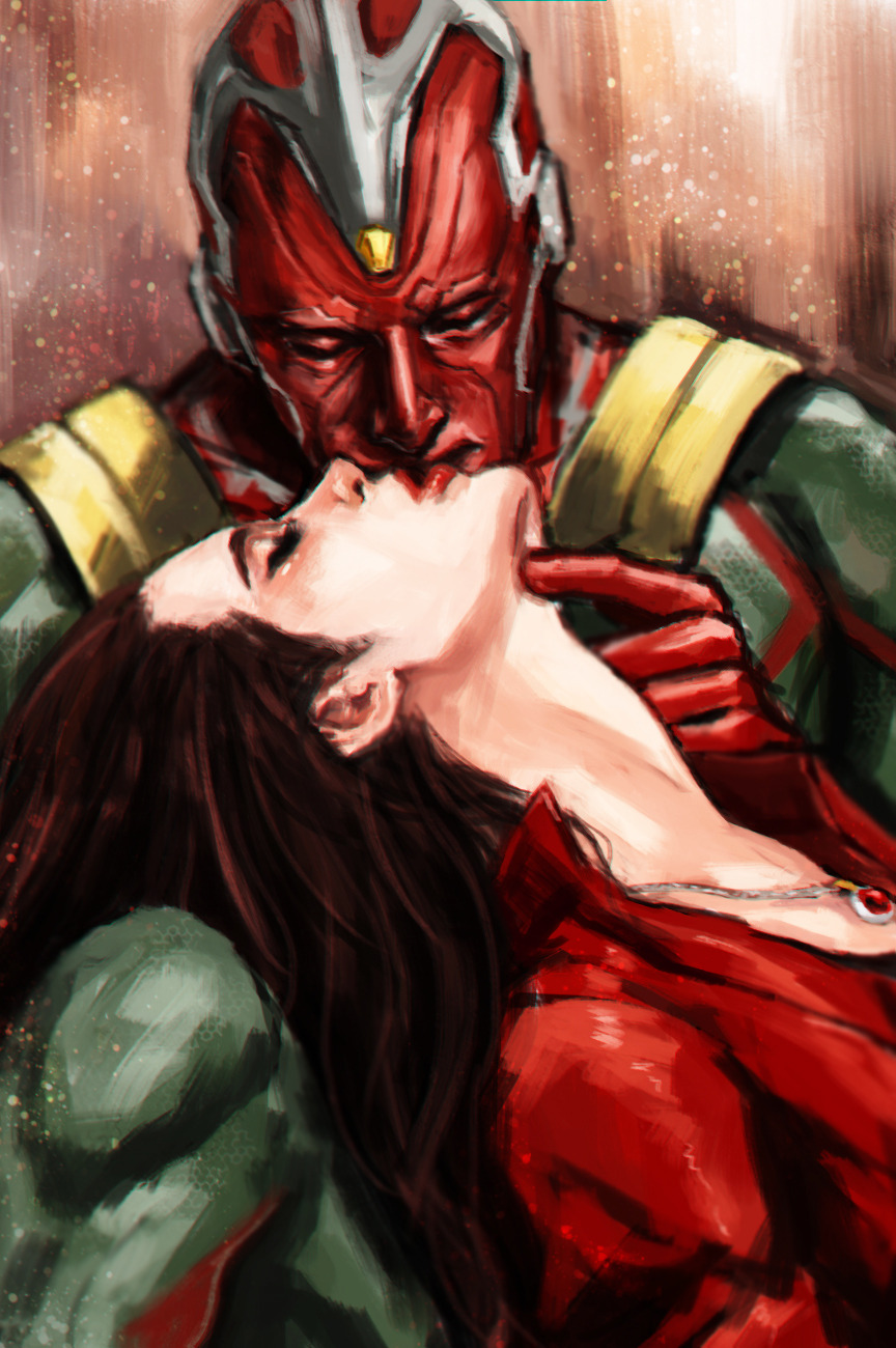 android brown_hair digital_media_(artwork) digital_painting_(artwork) duo eyes_closed female hair hi_res human interspecies kissing long_hair machine male male/female mammal marvel not_furry red_body red_skin robot scarlet_witch shaded synthezoid the_avengers the_vision the_vision_(marvel) titancutebutt01 wanda_maximoff