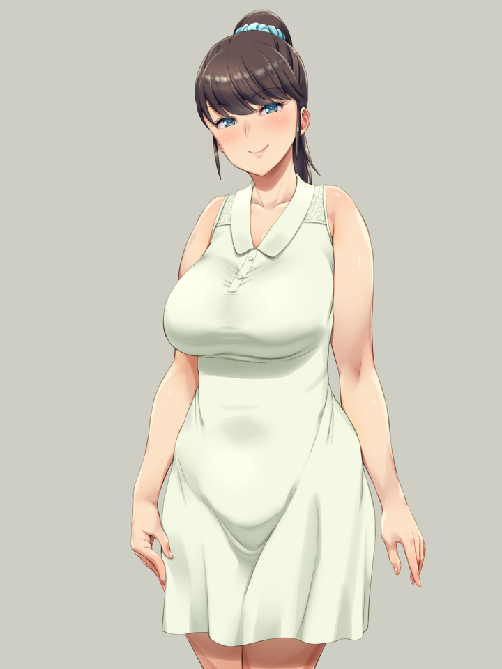 1girl bangs blue_eyes breasts brown_hair dress eyebrows_visible_through_hair grey_background looking_at_viewer original ponytail scrunchie shikuta_maru simple_background sleeveless sleeveless_dress smile solo white_dress