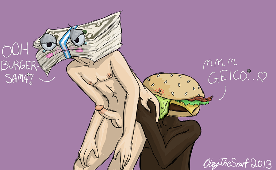 2013 anal animate_inanimate anthro bent_over burger circumcised dark_skin erection food genitals half-closed_eyes humanoid humanoid_genitalia humanoid_penis kash_(geico_mascot) kneeling male male/male money narrowed_eyes nipples obeythesnarf oral penis pink_body pink_skin purple_background rimming sex signature simple_background trademark what why