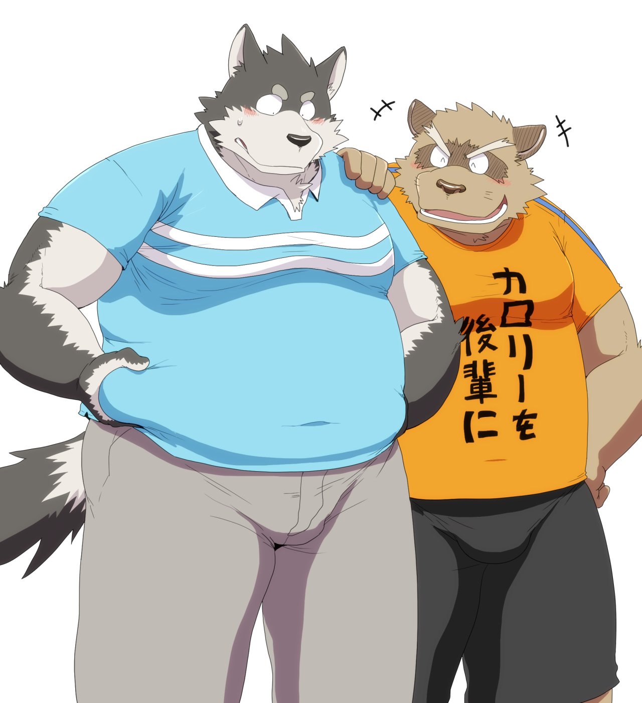 2016 anthro belly blush bodily_fluids bottomwear brown_body brown_fur canid canine canis clothing domestic_dog duo eyes_closed fur hi_res humanoid_hands iwano japanese_text kemono male mammal overweight overweight_male pants raccoon_dog shirt simple_background sweat tanuki text topwear white_background