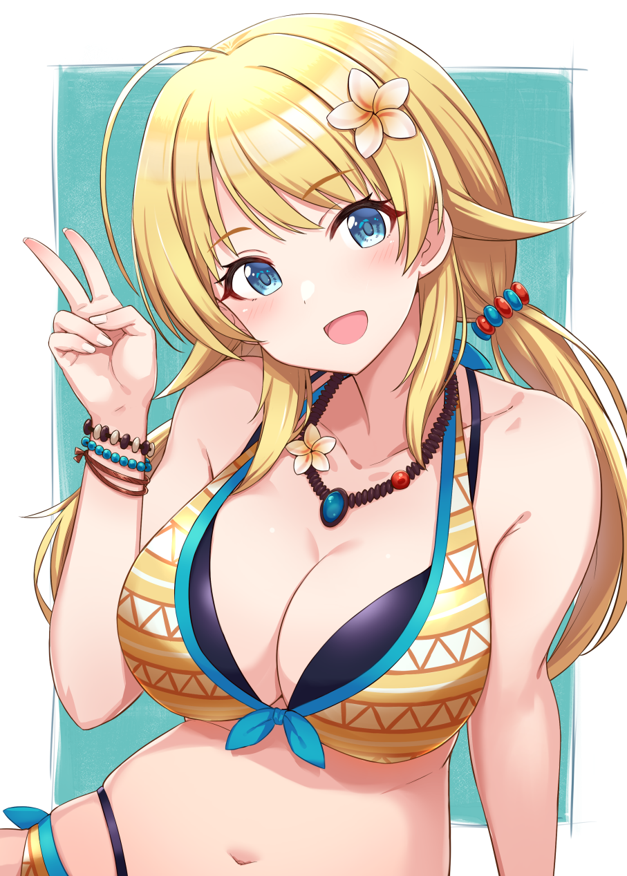 1girl :d ahoge bangs bare_arms bare_shoulders bikini blonde_hair blue_background blue_eyes blue_ribbon blush border bracelet breasts cleavage collarbone eyebrows_visible_through_hair flower front-tie_bikini front-tie_top hachimiya_meguru hair_flower hair_ornament highres idolmaster idolmaster_shiny_colors jewelry large_breasts low_twintails mitsukazu_(nijigen_complex) multi-strapped_bikini navel necklace open_mouth orange_bikini orange_flower outside_border ribbon simple_background smile solo swimsuit twintails upper_body v white_border