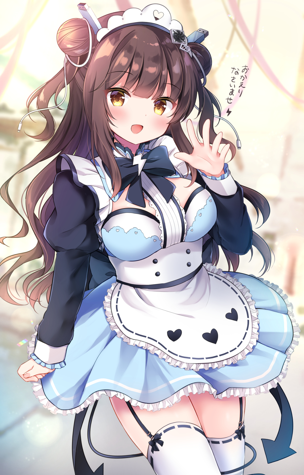 1girl :d apron black_bow blue_dress blurry blurry_background blush bow breasts brown_eyes brown_hair commentary_request depth_of_field directional_arrow double_bun dress frilled_apron frills hair_ornament hand_up heart highres juliet_sleeves lightning_bolt long_hair long_sleeves looking_at_viewer maid masayo_(gin_no_ame) medium_breasts open_mouth original puffy_sleeves ribbon-trimmed_legwear ribbon_trim sleeves_past_wrists smile solo standing thighhighs translation_request two_side_up usb very_long_hair waist_apron white_apron white_legwear