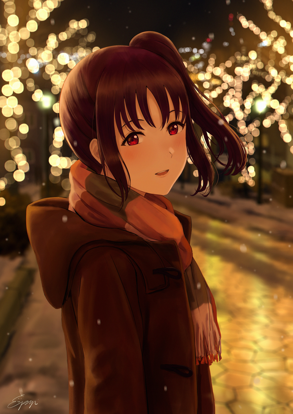 1girl bangs blurry bokeh coat commentary_request depth_of_field from_side highres hood hood_down hooded_coat kazuno_sarah long_sleeves love_live! love_live!_sunshine!! night open_mouth outdoors papi_(papiron100) purple_eyes scarf side_ponytail sidelocks signature smile snowing solo upper_body winter_clothes