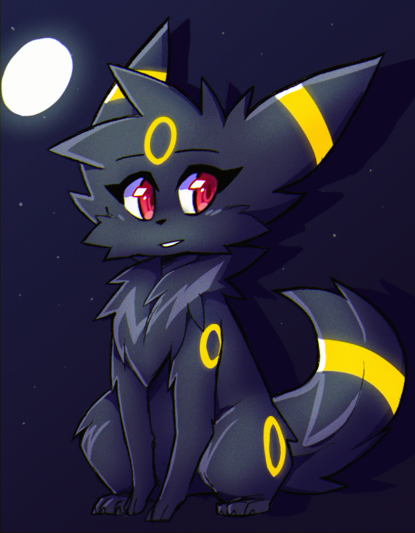 2020 ambiguous_gender black_body black_fur cheek_tuft chest_tuft digital_media_(artwork) eeveelution eyelashes facial_tuft feral fluffy fur inget markings moon nintendo pok&eacute;mon pok&eacute;mon_(species) red_eyes smile solo star tuft umbreon video_games yellow_markings