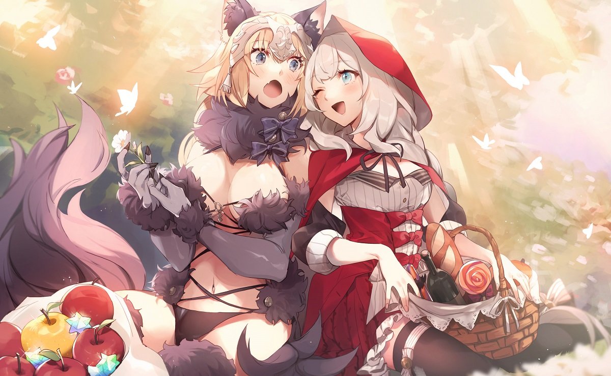 2girls animal_ears apple big_bad_wolf big_bad_wolf_(cosplay) black_legwear blonde_hair blue_eyes breasts bug butterfly capelet cleavage cosplay dangerous_beast elbow_gloves fate/apocrypha fate/grand_order fate_(series) flower food fruit fur-trimmed_gloves fur-trimmed_legwear fur_collar fur_trim gloves golden_apple grimm's_fairy_tales halloween halloween_costume headpiece hood hooded_capelet insect jeanne_d'arc_(fate) jeanne_d'arc_(fate)_(all) lace lace-trimmed_legwear large_breasts little_red_riding_hood little_red_riding_hood_(grimm) little_red_riding_hood_(grimm)_(cosplay) long_hair marie_antoinette_(fate/grand_order) multiple_girls nature navel no-kan o-ring o-ring_top one_eye_closed open_mouth outdoors picnic_basket purple_gloves purple_legwear red_capelet red_headwear red_hood revealing_clothes saint_quartz silver_hair tail very_long_hair wolf_ears wolf_girl wolf_tail