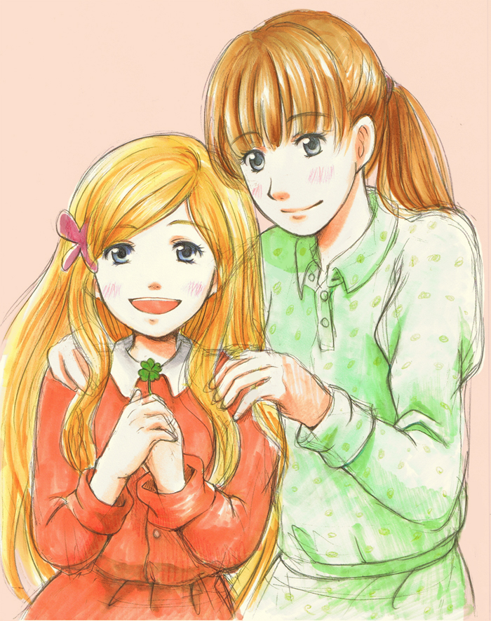 2girls :d blue_eyes blush brown_hair butterfly_hair_ornament clover four-leaf_clover green_shirt hair_ornament hanamoto_hagumi hands_on_shoulders honey_and_clover long_sleeves looking_at_viewer marine_(thanks) multiple_girls open_mouth pink_background ponytail red_shirt red_skirt shirt simple_background skirt smile yamada_ayumi