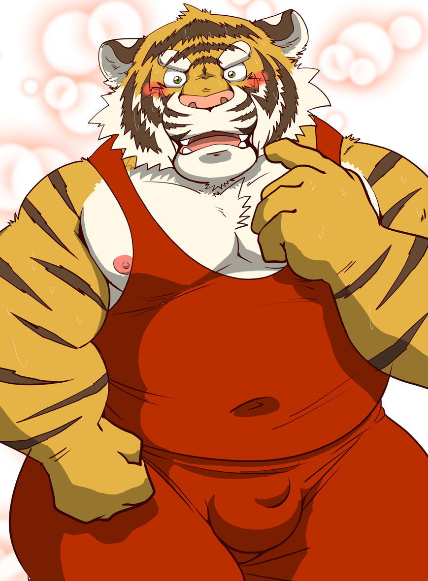 2019 anthro balls_outline belly blush bulge felid genital_outline humanoid_hands kemono male mammal moobs nipples overweight overweight_male pantherine pink_nose raichoclub solo tiger wrestling_singlet