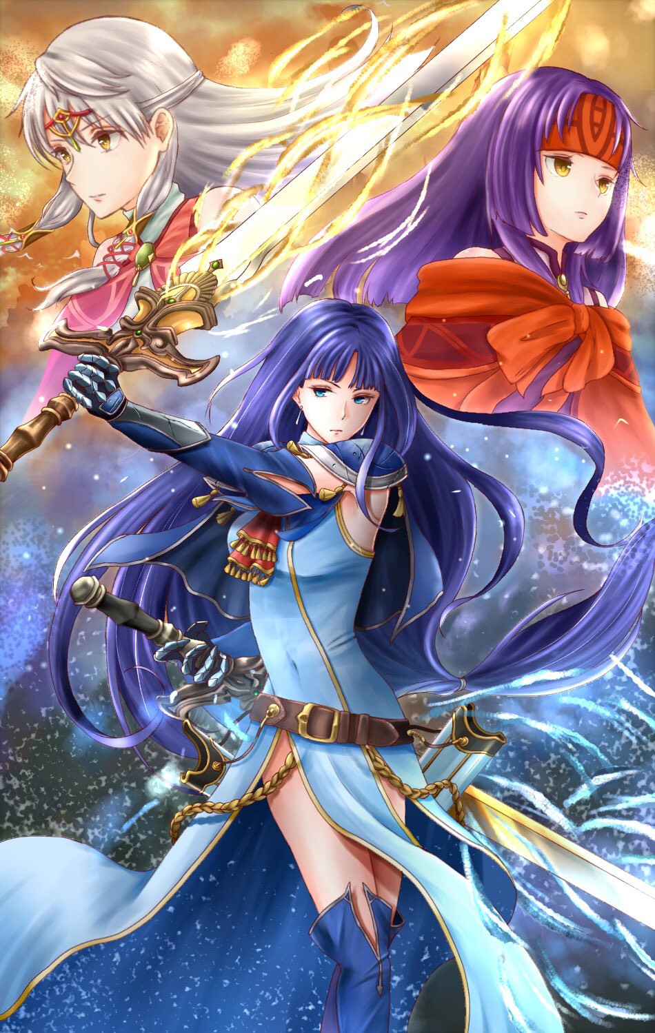 3girls alondite altina_(fire_emblem) aplche bare_shoulders blue_eyes blue_hair boots capelet covered_navel dress dual_wielding earrings fire_emblem fire_emblem:_akatsuki_no_megami gauntlets headband highres holding holding_sword holding_weapon huge_weapon jewelry long_hair looking_away looking_to_the_side micaiah multiple_girls nintendo pelvic_curtain purple_hair ragnell sanaki_kirsch_altina scratches sheath shoulder_armor side_slit silver_hair sleeveless sleeveless_dress sword turtleneck weapon yellow_eyes