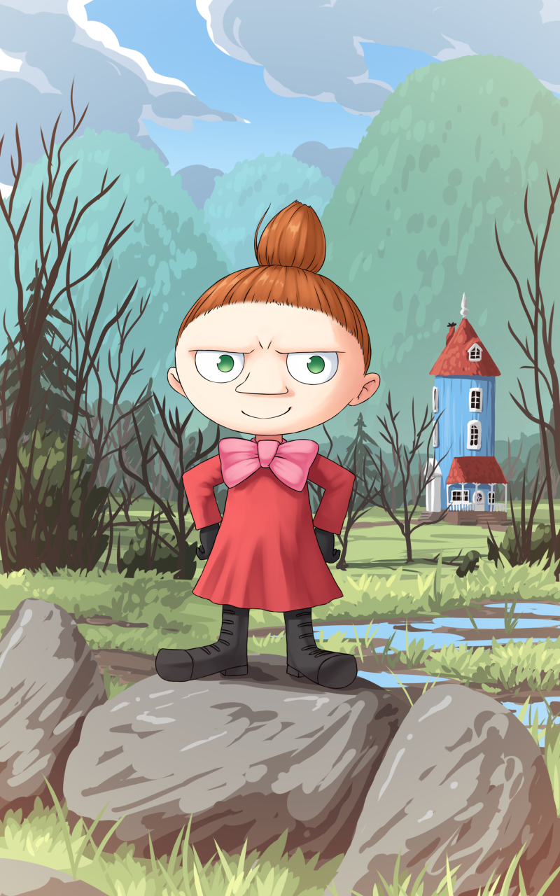 1girl aposine boots bow brown_hair cloud day grass green_eyes hands_on_hips highres hill little_my moomin outdoors rock scenery short_hair sky smile standing topknot tree