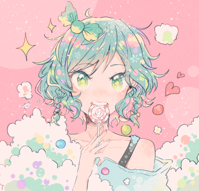 1girl aqua_hair bang_dream! bow candy collarbone food green_bow green_eyes hair_bow heart hikawa_hina holding_lollipop itomugi-kun lollipop looking_at_viewer off_shoulder pink_background short_hair side_braids soap_bubbles solo sparkle star star-shaped_pupils symbol-shaped_pupils upper_body