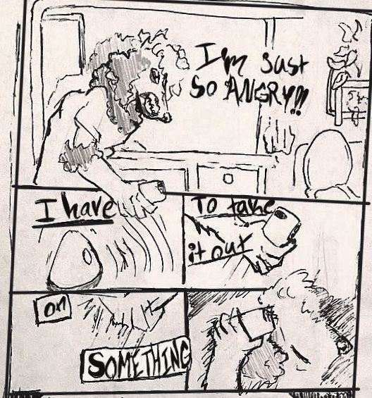 adondis angry anthro bathroom black_and_white canid canine canis cellphone comic dialogue domestic_dog fist hit iphone male mammal mirror monochrome phone plant poodle russell russell(adondis) smartphone solo text toilet