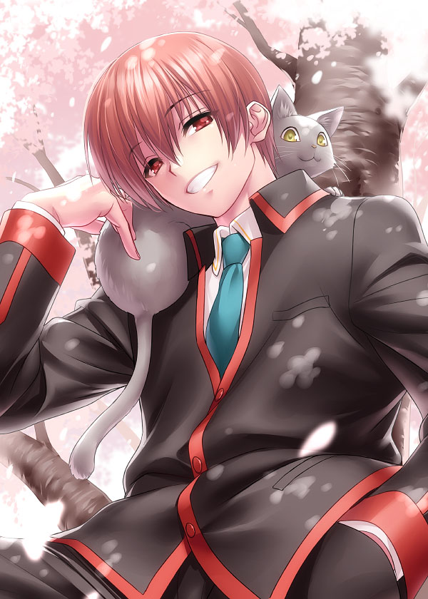 1boy 1other animal_on_shoulder cat cherry_blossoms commentary_request green_neckwear grin little_busters! looking_to_the_side male_focus natsume_kyousuke necktie red_eyes school_uniform short_hair smile tree zen