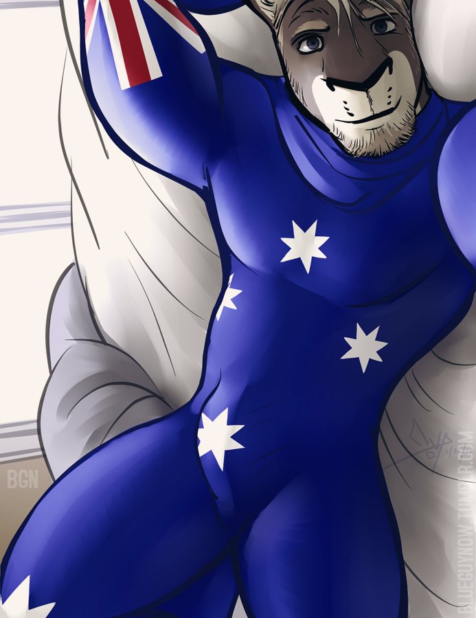 anthro australian_flag bangs bed bed_sheet bedding bgn bicolored_fur blue_eyes bodysuit brown_body bulge clothing facial_hair furniture genital_outline goatee kangaroo looking_at_viewer lycra macropod male mammal marsupial muscular muscular_male penis_outline scruffy selfie skinsuit solo spandex star syd_(bgn) tight_clothing zentai