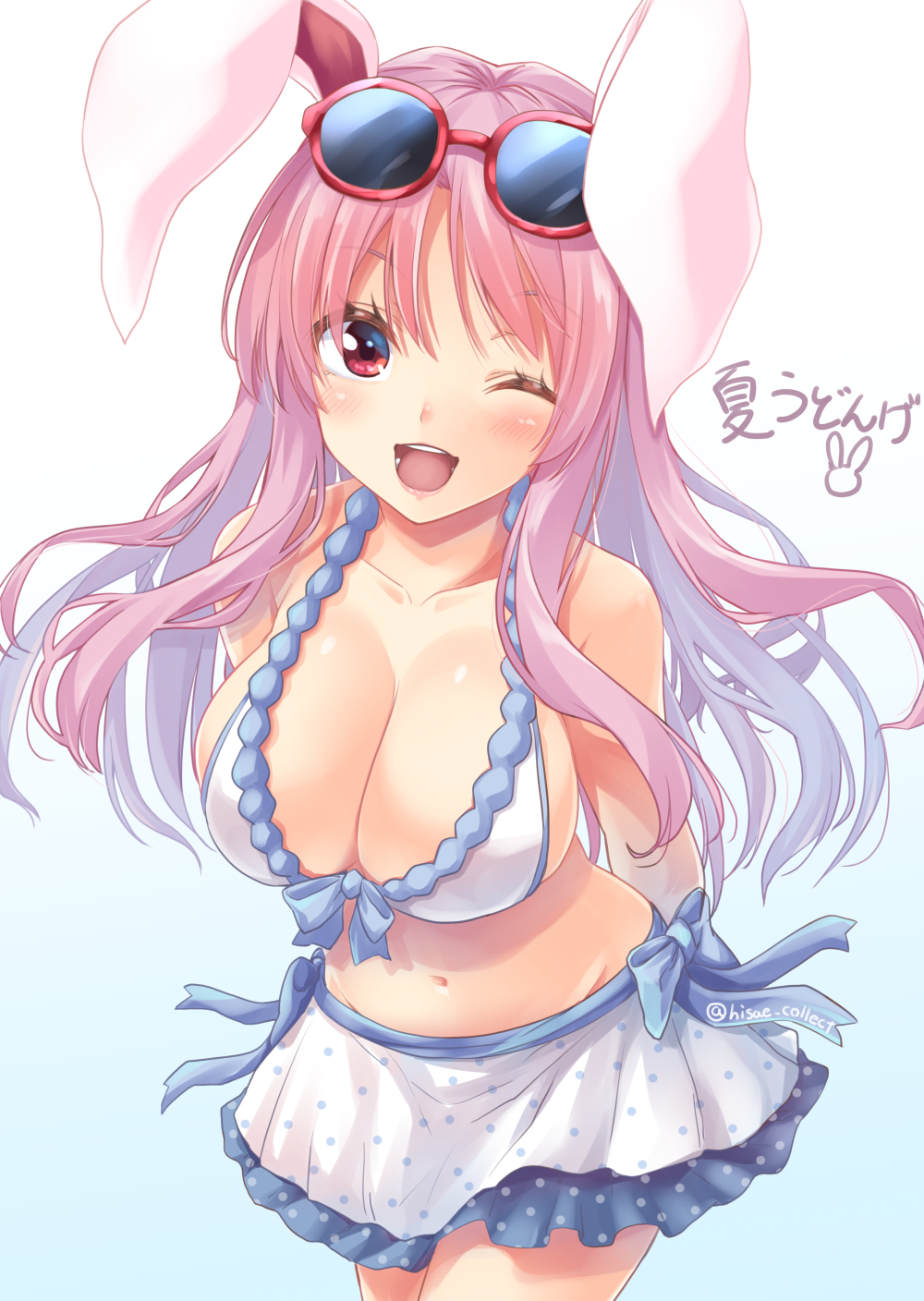 1girl ;d animal_ears arms_behind_back artist_name bangs bare_shoulders bikini bikini_skirt blue_background blush breasts bunny_ears cleavage collarbone commentary_request cowboy_shot eyebrows_visible_through_hair eyewear_on_head gradient gradient_background highres kue large_breasts long_hair looking_at_viewer miniskirt navel one_eye_closed open_mouth polka_dot_skirt purple_hair red_eyes reisen_udongein_inaba skirt smile solo standing stomach sunglasses swimsuit touhou translation_request twitter_username white_background white_bikini white_skirt