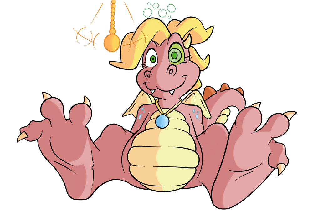 2015 alpha_channel cassie_(dragon_tales) claws dragon dragon_tales fangs feet female green_eyes horn hypnosis jewelry mind_control necklace pink_body reptile salmacisreptile scalie simple_background smile spikes toe_claws transparent_background wiggle wings