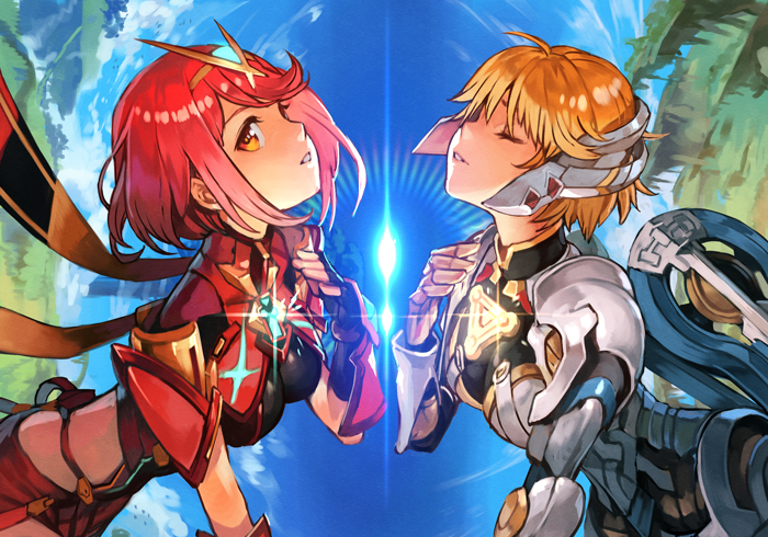 2girls ahoge blonde_hair breasts chest_jewel closed_eyes commentary english_commentary fingerless_gloves fiorun gloves hankuri homura_(xenoblade_2) lens_flare multiple_girls red_eyes red_hair short_hair xenoblade_(series) xenoblade_1 xenoblade_2