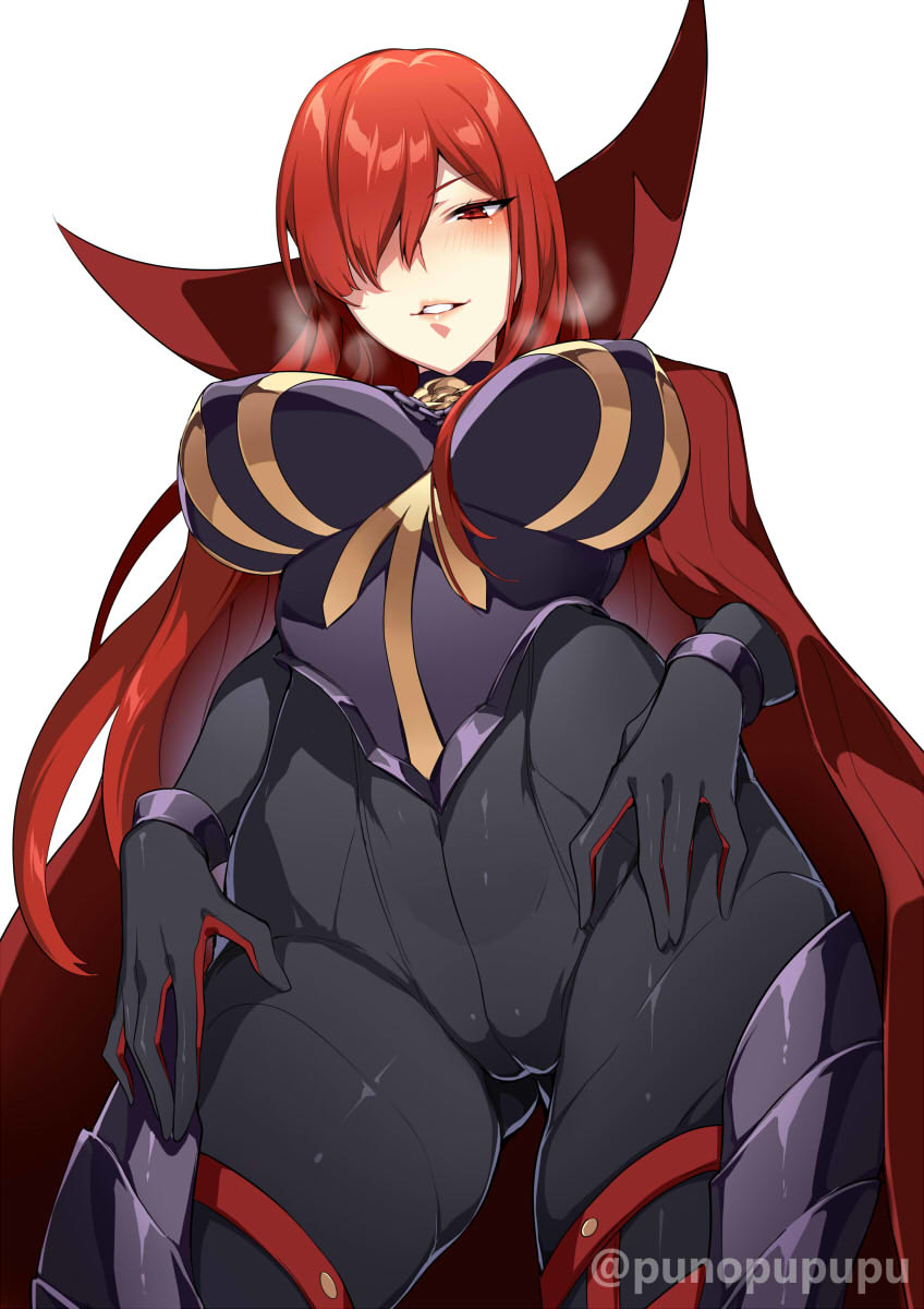 1girl bangs bodysuit breasts cameltoe cape covered_nipples fate/grand_order fate_(series) gloves hair_over_one_eye heavy_breathing highres impossible_clothes large_breasts long_hair looking_at_viewer looking_down oda_nobunaga_(fate)_(all) oda_nobunaga_(maou_avenger)_(fate) oda_uri open_mouth parted_lips red_cape red_eyes red_hair smile solo very_long_hair zeroshiki_kouichi