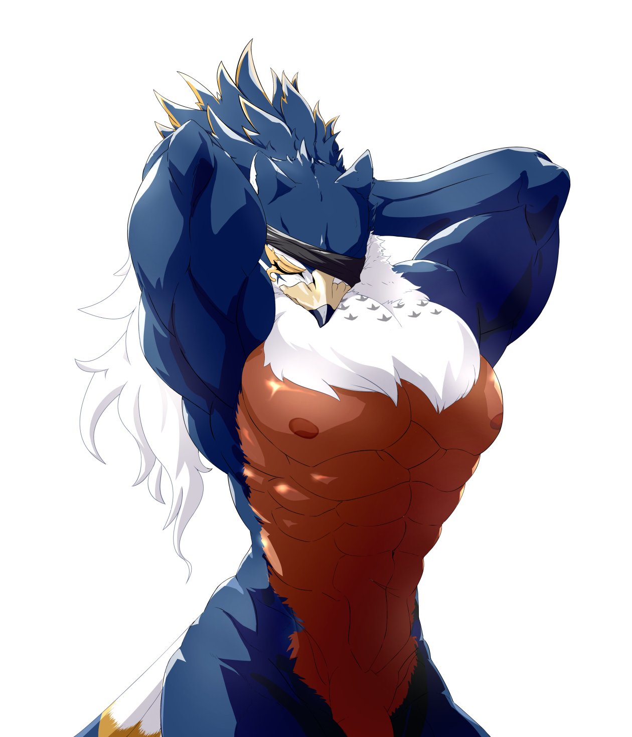 abs anthro avian biceps bird blue_body blue_feathers eye_patch eyewear falcon falconid feathers glistening glistening_body glistening_skin hair hands_behind_head hi_res horus_(tas) male muscular muscular_male neck_tuft nipples pecs septen_trion solo tail_feathers tokyo_afterschool_summoners tuft video_games white_body white_feathers