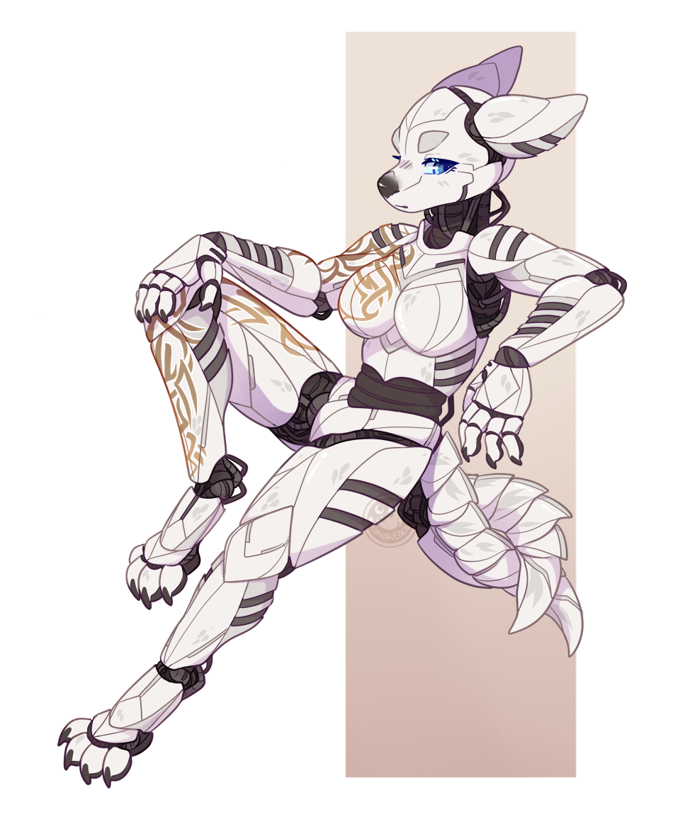 alpha_channel anthro arm_markings blue_eyes canid canine canis chilling colored erica_(dehelleman) female lunareden machine mammal markings metallic_body multi_tail non reference_image robot simple_background solo synthetic tattoo white_body wolf