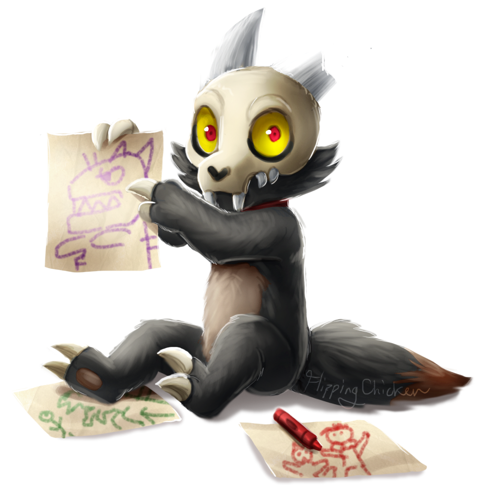 alpha_channel bone claws crayons disney drawing flippingchicken fur grey_body grey_fur holding_object horn king_(the_owl_house) mask paper red_eyes simple_background sitting skull skull_mask the_owl_house transparent_background yellow_sclera