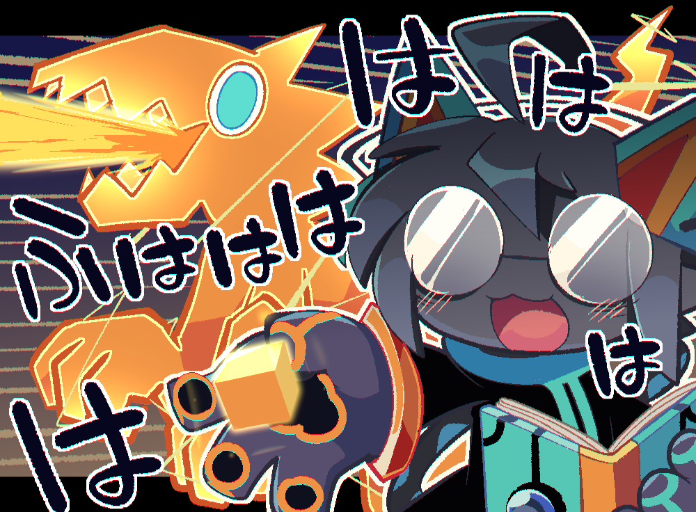 2020 ahoge bayachao_(pixiv) blue_markings blush book clothing cube_(object) domestic_cat duo eyewear felid feline felis fur glasses grey_body grey_fur hair holding_object japanese_text male mammal markings pawpads tagme text translation_request